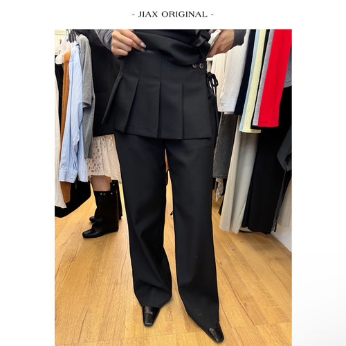 WAIT 早春可拆卸压褶屁帘设计感西裤女ins韩版高腰显瘦直筒裤