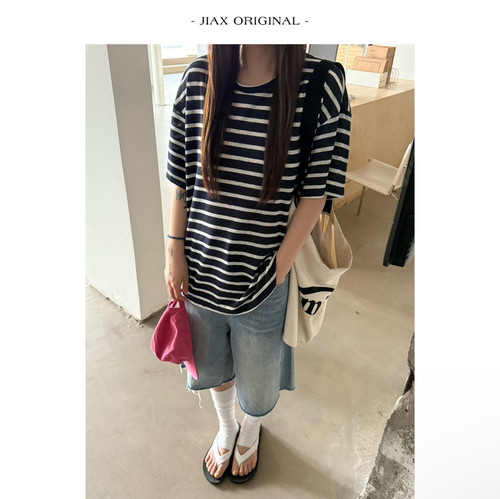 UPONE 春夏复古撞色条纹圆领短袖t恤女ins韩版宽松薄款休闲上衣