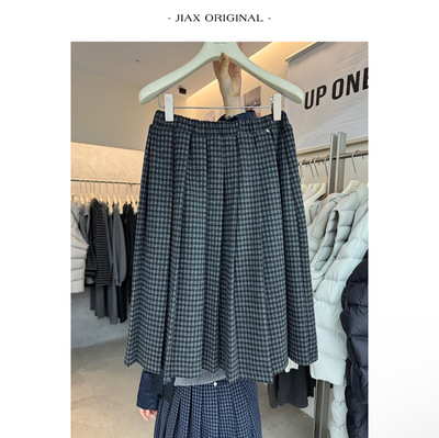 UPONE2025秋冬复古格子毛呢百褶裙女ins韩版遮肉显瘦中长款半身裙