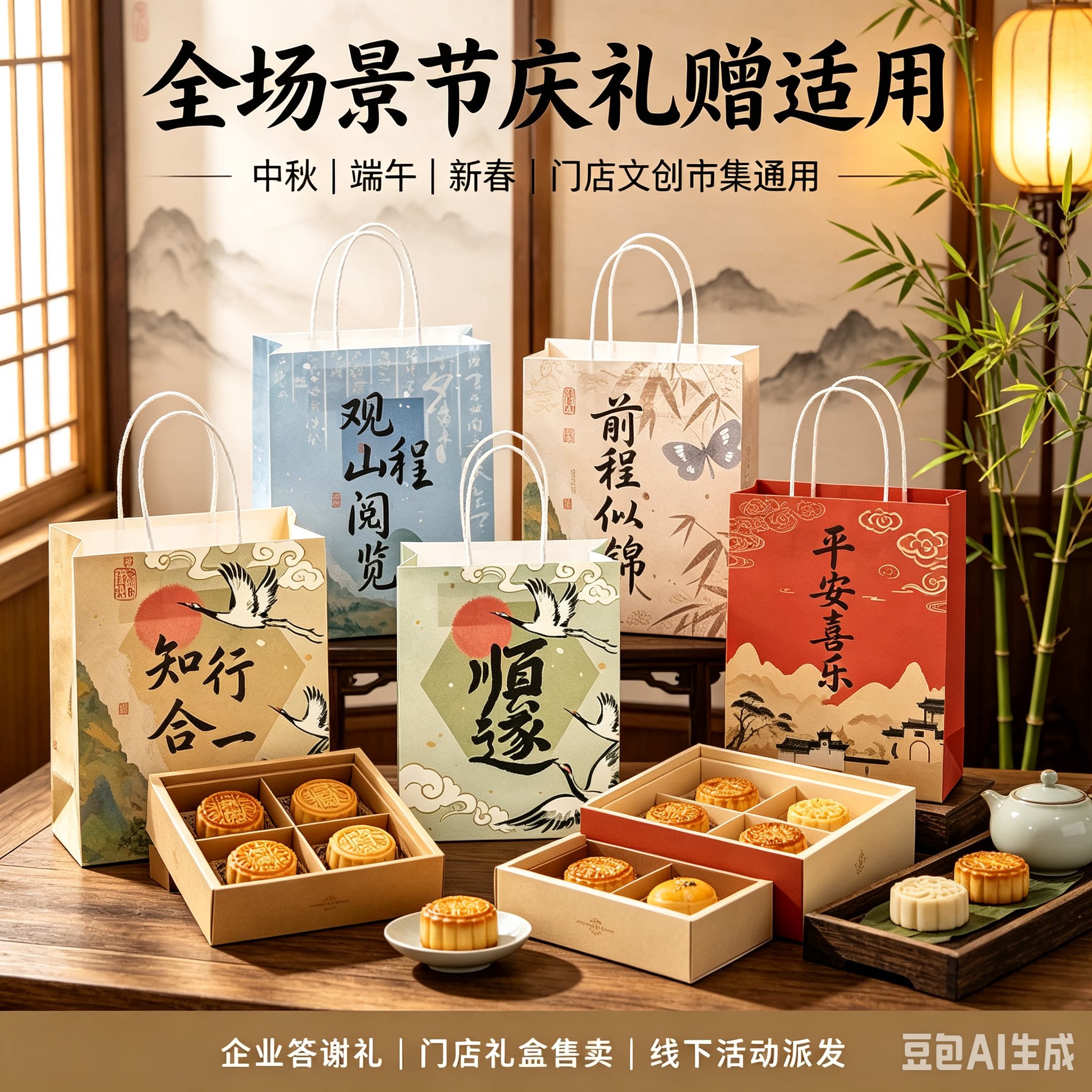 国风手提袋定制牛皮纸烫金中秋礼盒礼品袋伴手礼企业免费设计纸袋