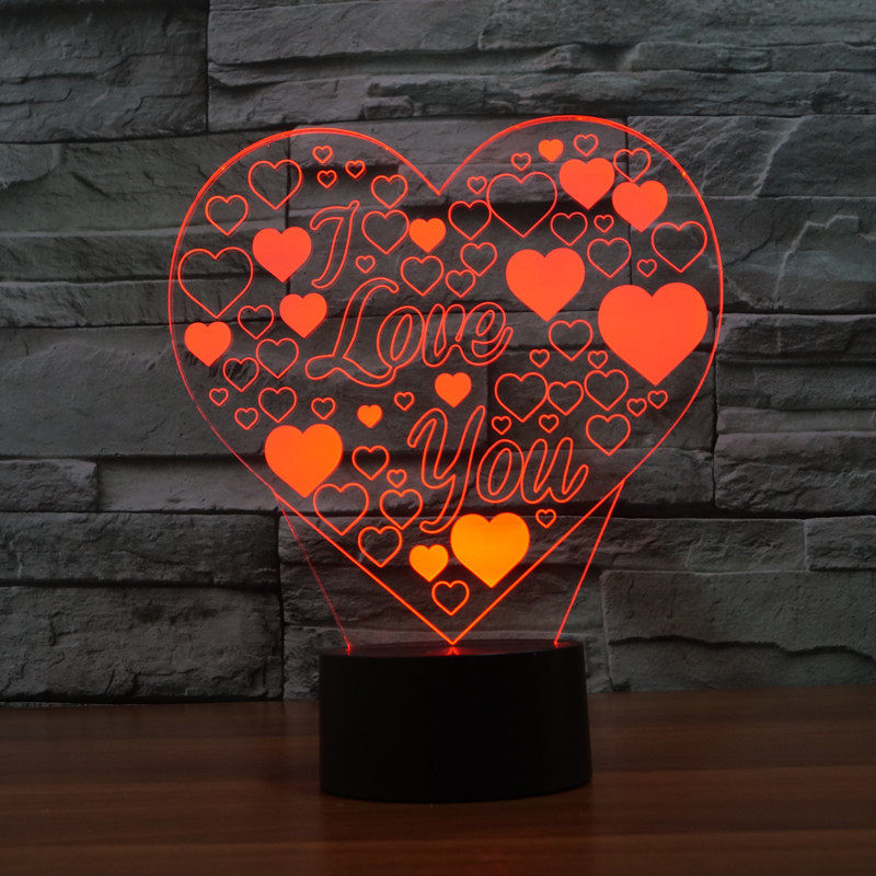 表白I LOVE YOU爱心七彩3D小夜灯触摸装饰可定制logo插充电台灯