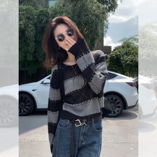 巨好看的早春高级感穿搭条纹镂空针织衫女韩系慵懒氛围感宽松上衣
