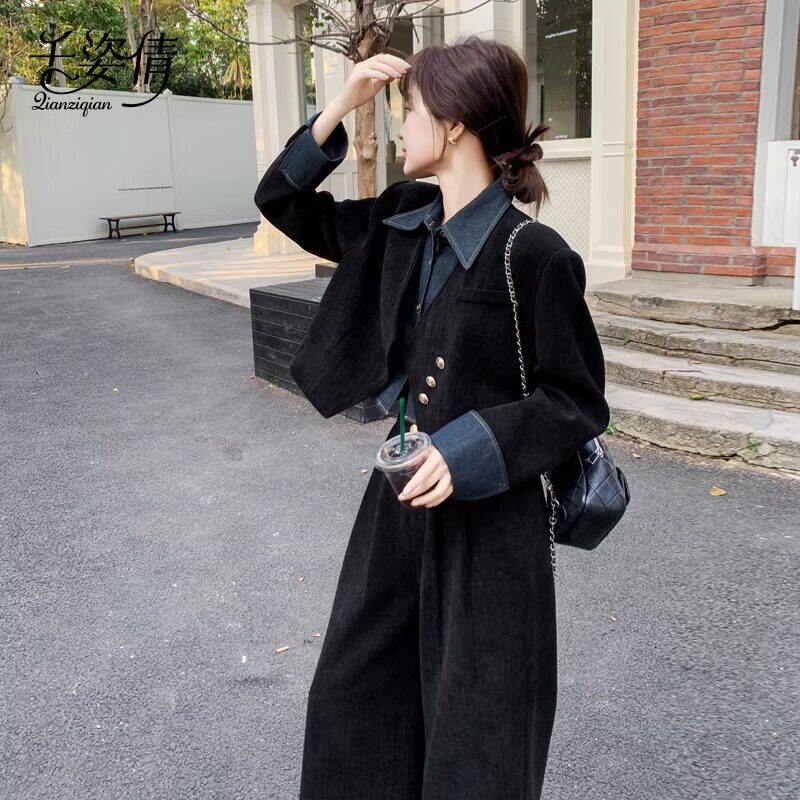 江小南高个子加长版法式复古套装阔腿裤到脚踝女初秋季假两件外套