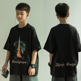 男孩黑色短袖T恤2026夏季新款铁塔纯棉上衣大童青少年圆领薄体恤