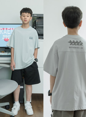 儿童索罗那凉感短袖t恤青少年字母上衣2026夏季新款中大童男孩T