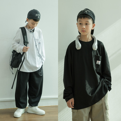 男童纯棉长袖t恤2025秋季新款童装中大童黑白打底衫儿童宽松内搭