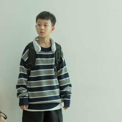 青少年条纹毛衣2025秋冬新款男孩中大童针织衫初高中生保暖打底衫