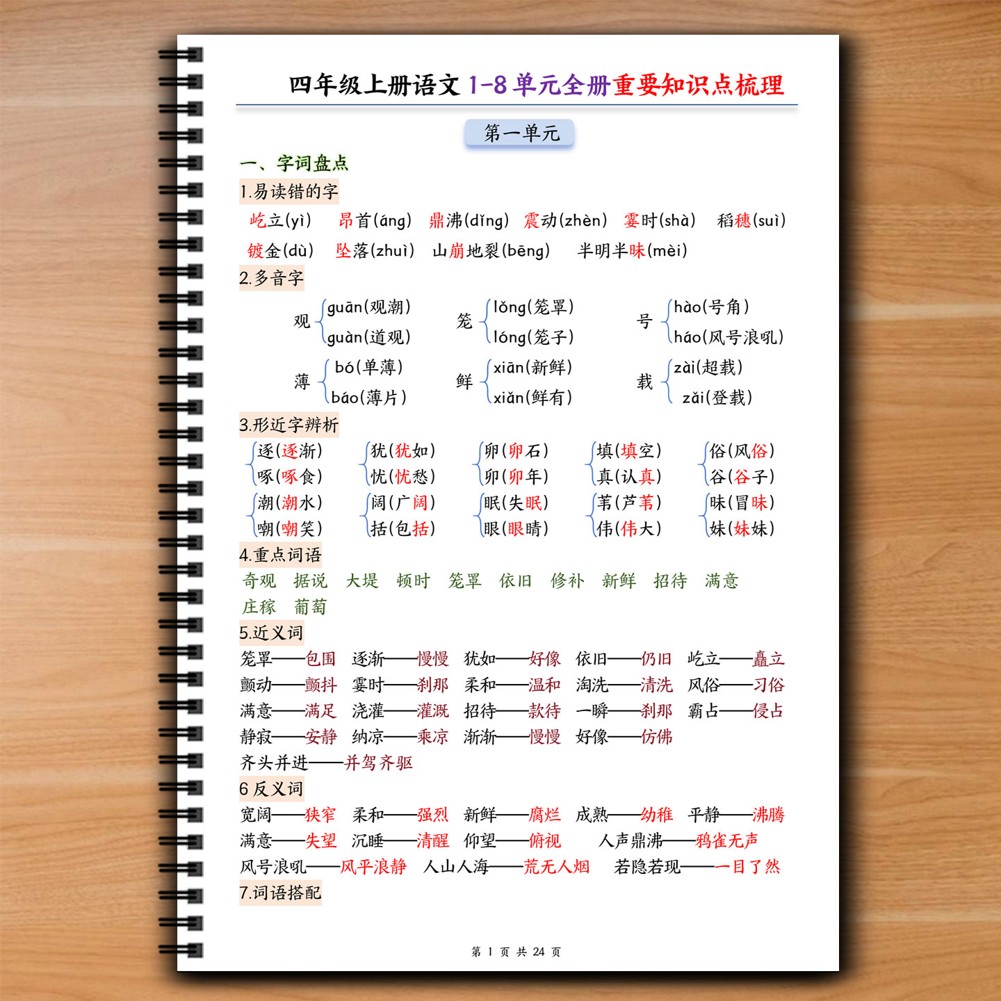 四年级上册语文1-8单元全册易错重要必背核心知识点期末复习梳理