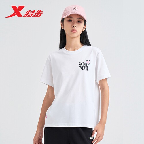 特步短袖女2026春夏新款运动休闲圆领白色女子针织衫976228010213
