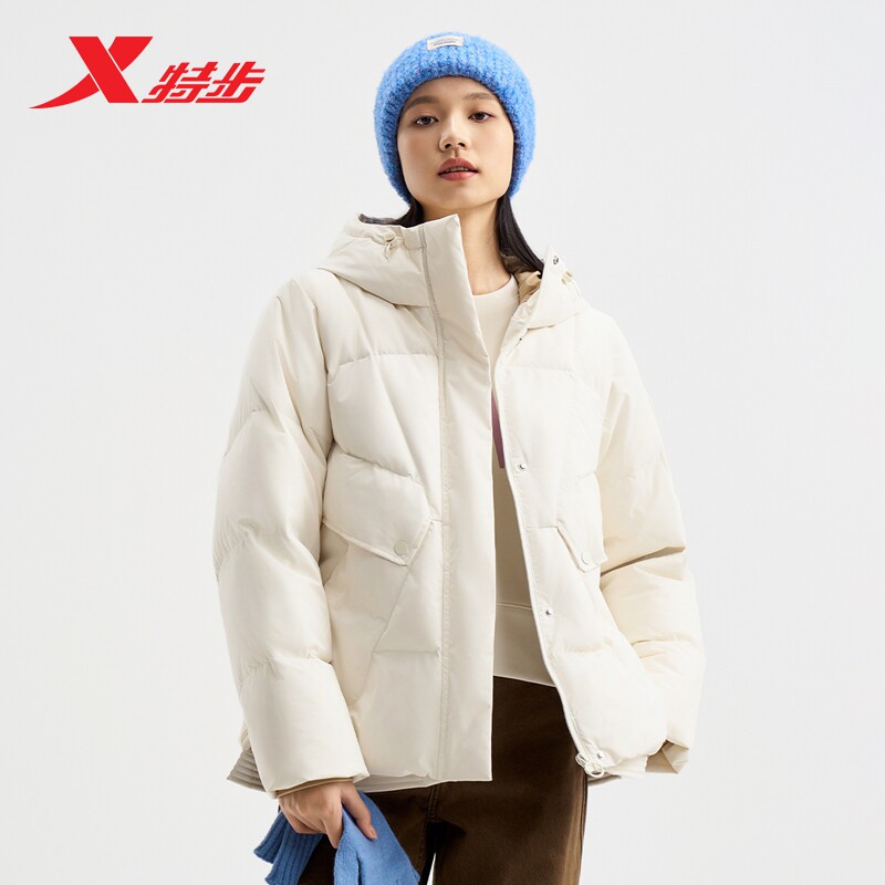 特步女子羽绒服2025冬季款加厚连帽拉链长款防泼水防污保暖外套女