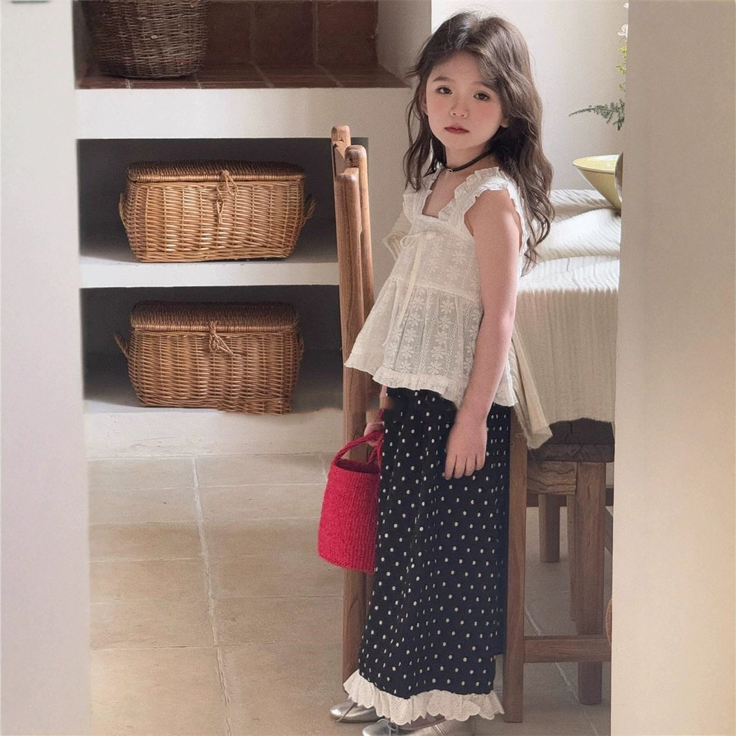 童装2025夏季女童洋气蕾丝吊带衬衫女宝宝时髦花边波点阔腿裤套装