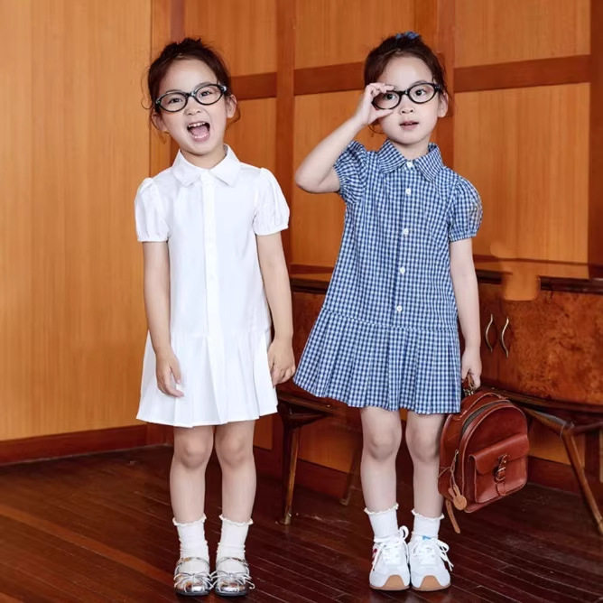 洋气赫本潮儿童装女童裙子学院风单排扣连衣裙衬衫裙2026夏装新款