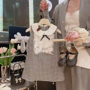 古灵精怪女童法式千金礼服娃娃领蕾丝格子公主连衣裙2025夏季新款