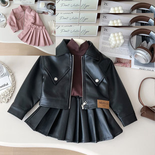 御姐儿童装女童套装PU机车皮衣外套夹克加百褶皮裙25秋冬装新款潮