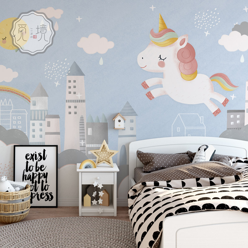 墙纸儿童房男孩壁画ins风墙布背景墙壁布卧室蓝天独角兽城堡壁纸
