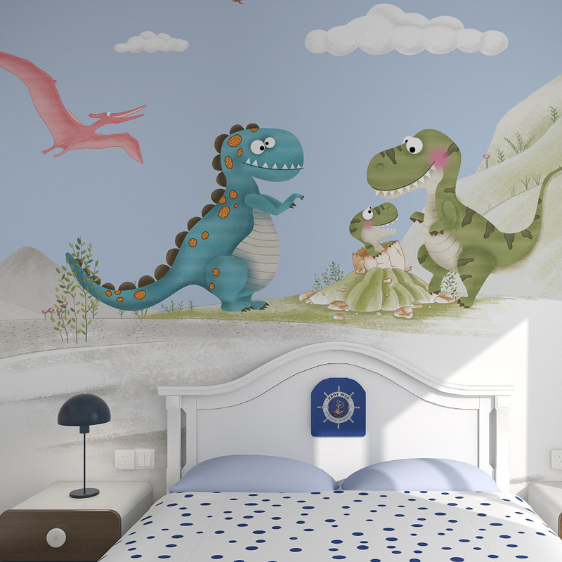 恐龙壁纸儿童房壁画男孩环保无甲醛卧室男生墙布壁布蓝天白云墙纸