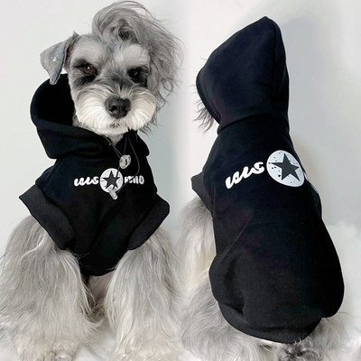 宠物猫狗衣服 秋冬加绒纯棉黑色无袖五星连帽卫衣 中小大型犬服饰