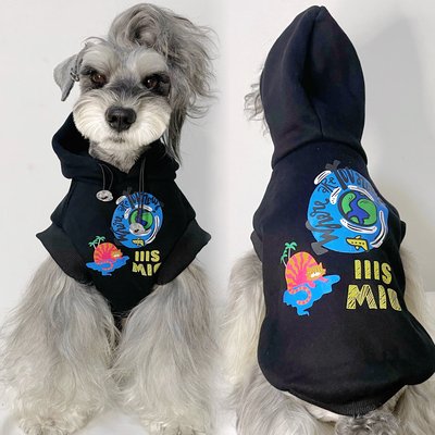 宠物猫狗衣服 秋冬加绒纯棉黑色无袖地球连帽卫衣 中小大型犬服饰