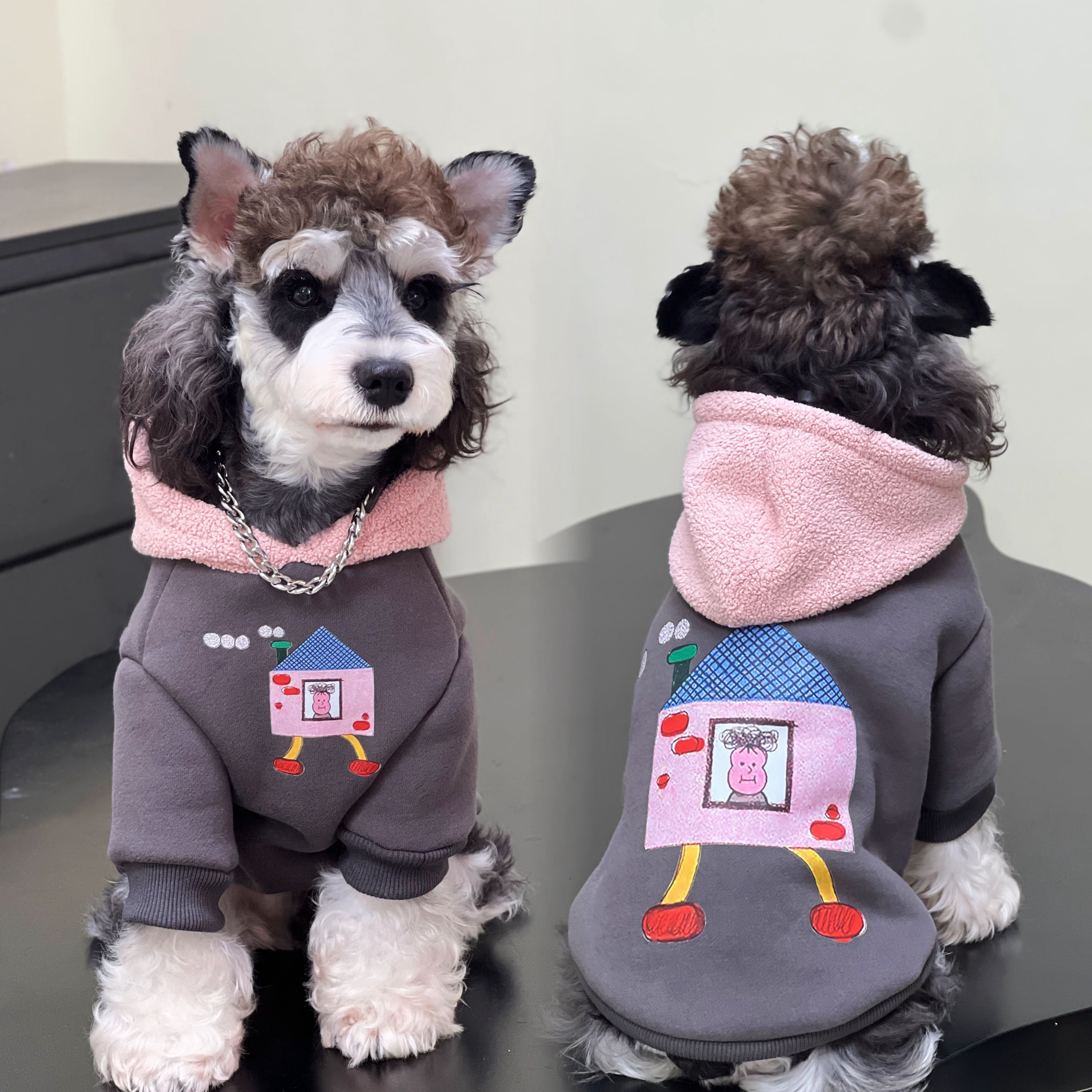 宠物猫咪狗狗衣服 秋冬加绒纯棉灰色粉帽子卫衣 中小大型犬服饰