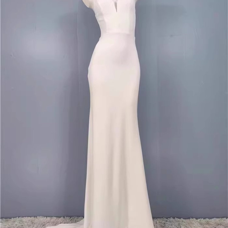外贸单高端显瘦气质V领修身拖尾晚礼服长款连衣裙优雅派对轻婚纱