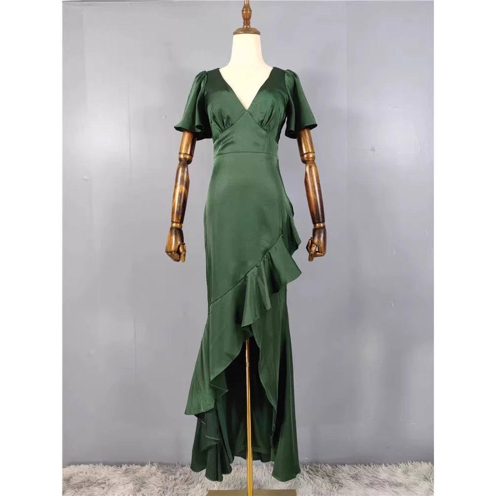 欧美范跨境显瘦气质V领鱼尾墨绿色长裙聚会派对礼服连衣裙女装