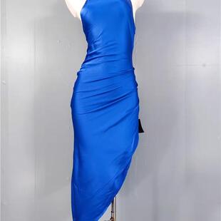 外贸单跨境高品质光滑缎面性感挂脖大露背不规则连衣裙 派对礼服