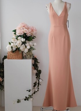 外贸单跨境优雅性感深V领修身长款垂坠感鱼尾摆晚宴小礼服连衣裙