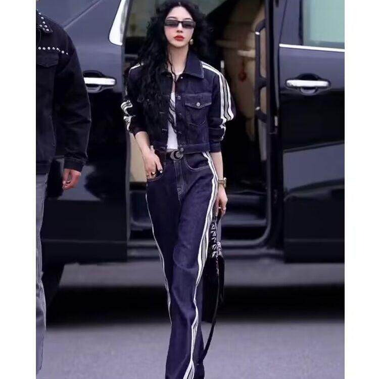 港风时尚女神范两件套开衫翻领春秋牛仔上衣宽松显瘦牛仔裤套装潮