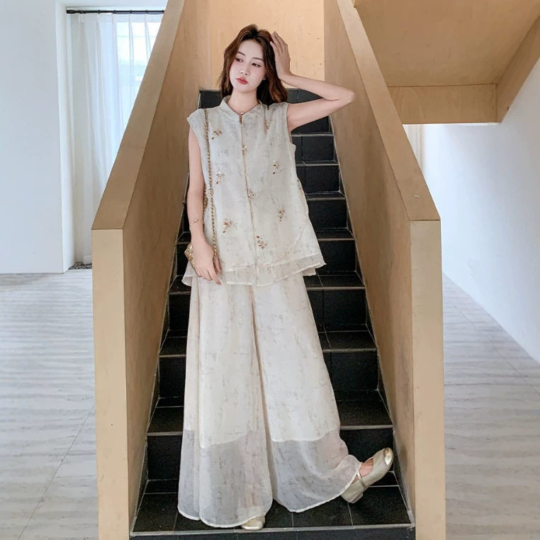 中式新款上市常规优质涤纶撞色刺绣马甲阔腿裤一整套女气质两件套