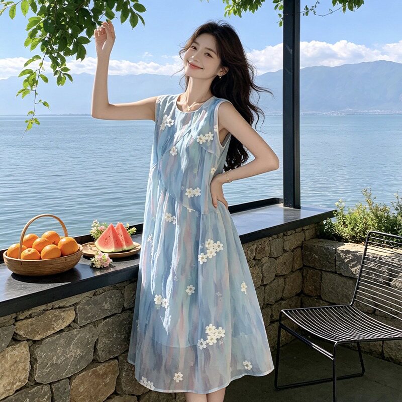 蓝色森系小清新渐变氛围感连衣裙女2026年夏季新款清冷度假风裙子