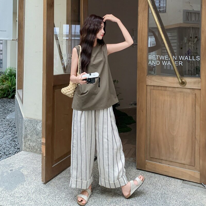 法式慵懒松弛感休闲无袖上衣套装女夏季2026新款条纹阔腿裤两件套
