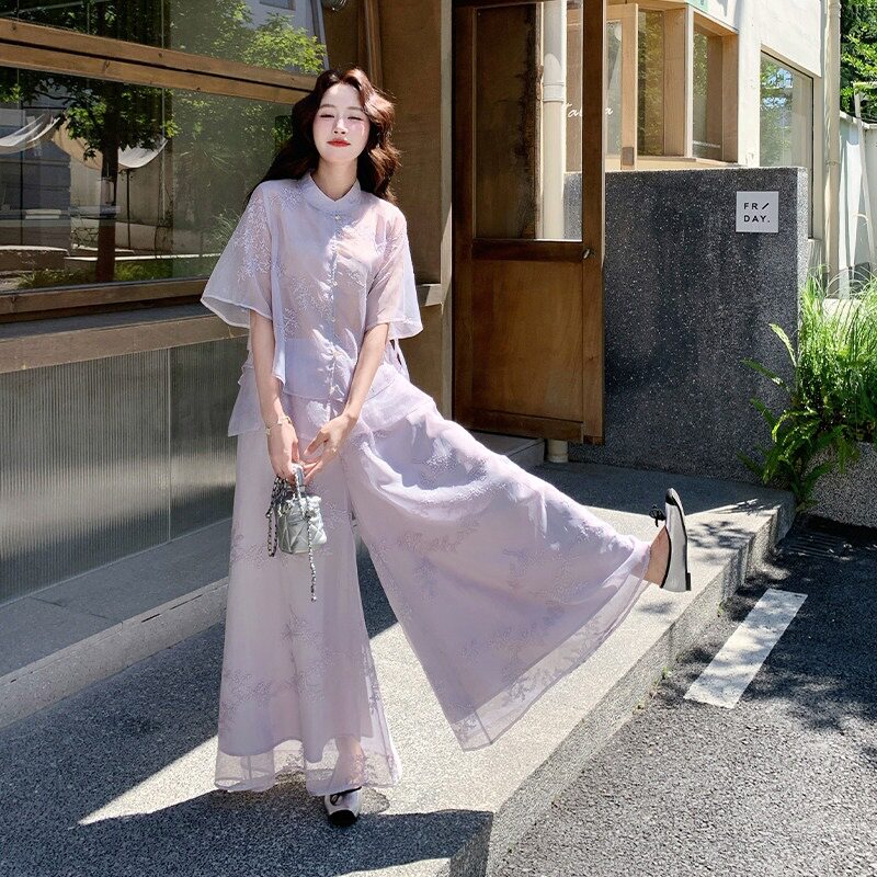 紫色浪漫气质夏日国风套装女2026新款网纱刺绣上衣阔腿裤两件套