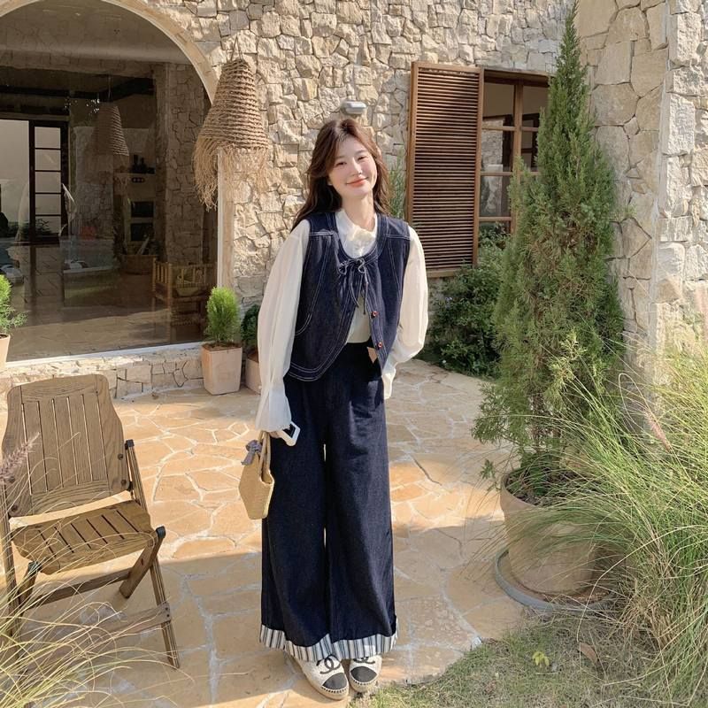 套装设计感直筒女蓝色复古阔腿裤2025新款两件套时尚牛仔马甲秋装