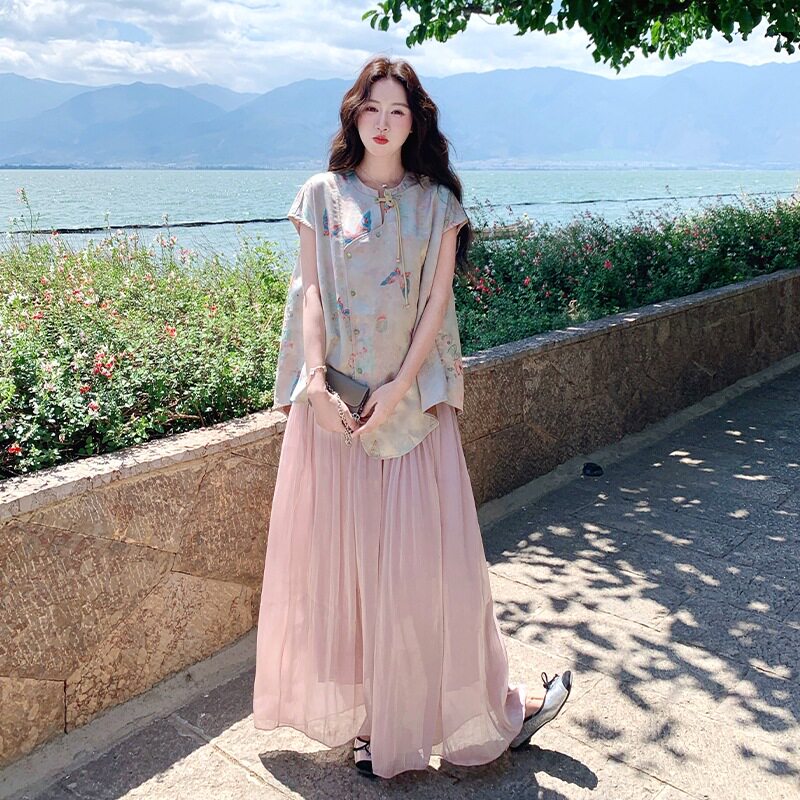 新中式国风氛围感改良旗袍上衣套装女夏季2026新款阔腿裙裤两件套