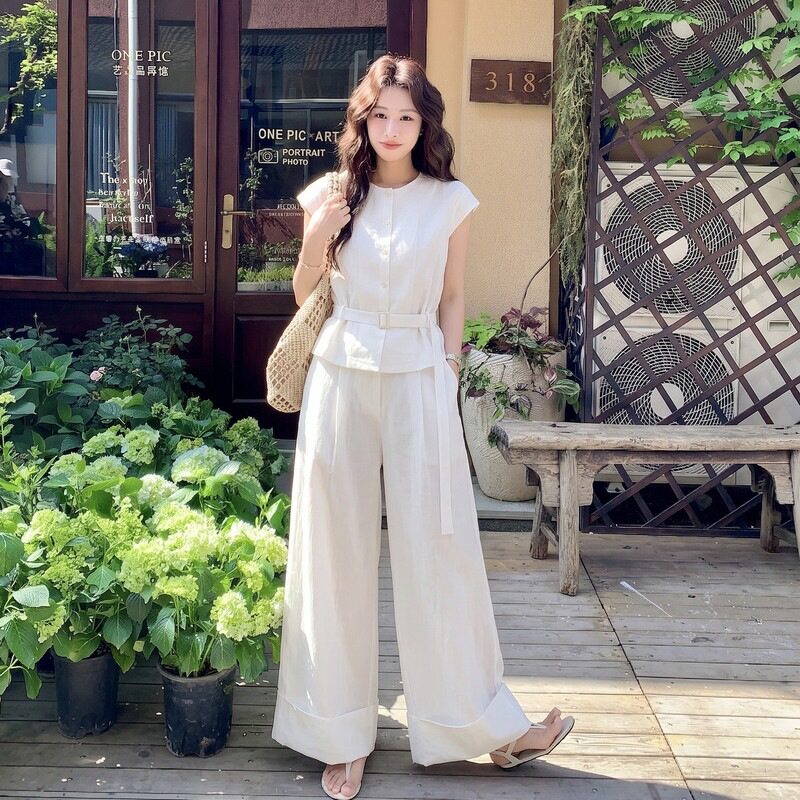 绿色森系时尚休闲工装风套装女2026夏季新款无袖上衣阔腿裤两件套