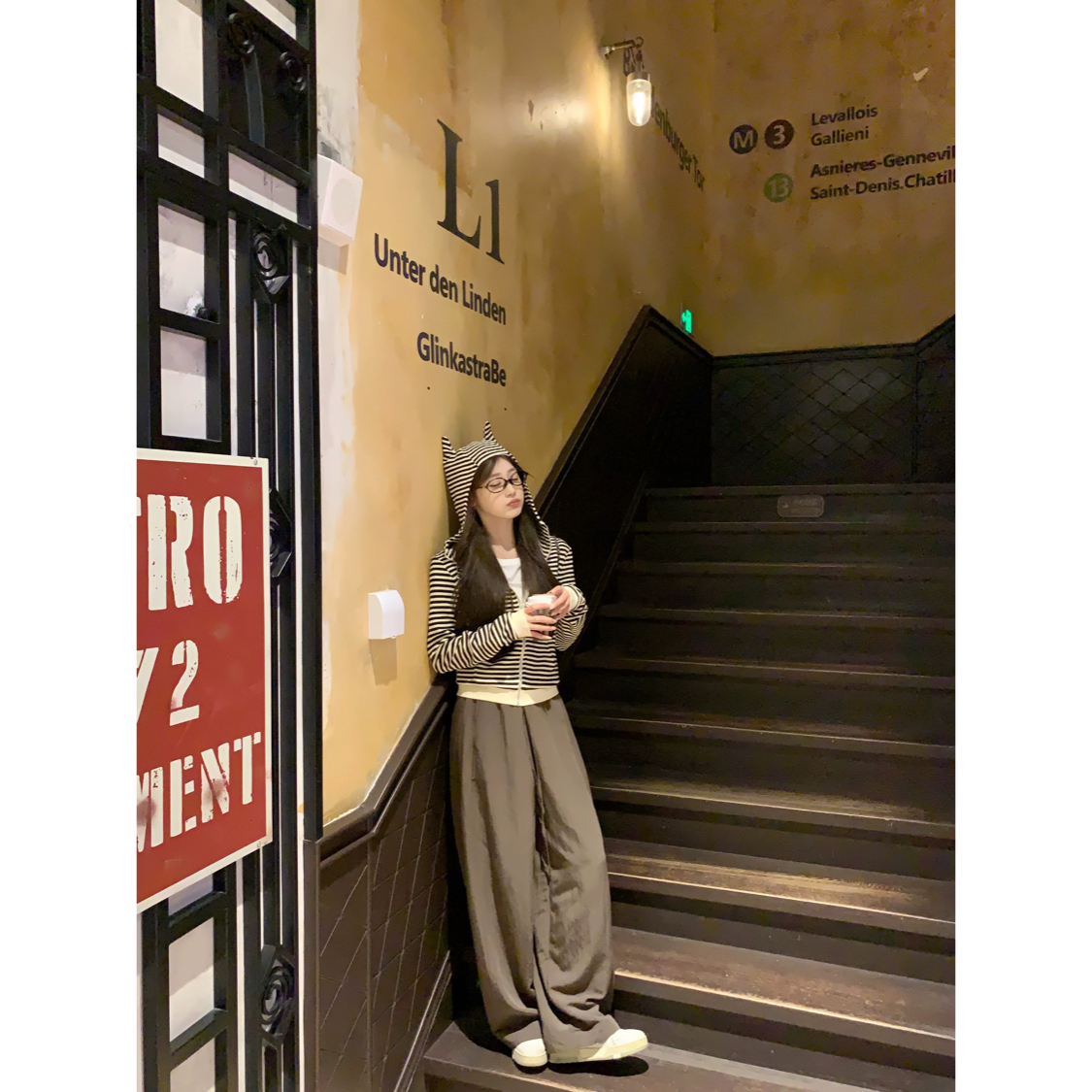 美式松弛假日条纹卫衣恶魔角开衫女韩系设计感外套修身显瘦上衣