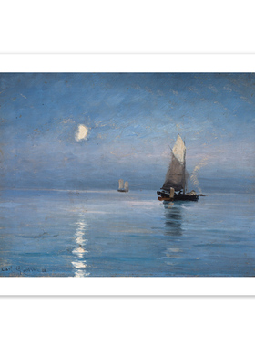 liveart 丹麦画家Carl Locher蓝色月夜海钓名画原版装饰画