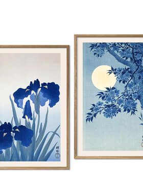 liveart日式和风中式国风蓝色鸢尾花卉风景原版装饰画Ohara Koson
