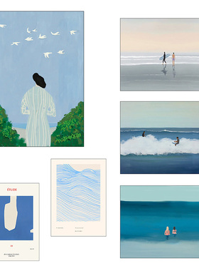 liveart进口丹麦p&f蓝色海滩冲浪插图原版装饰画By Garmi