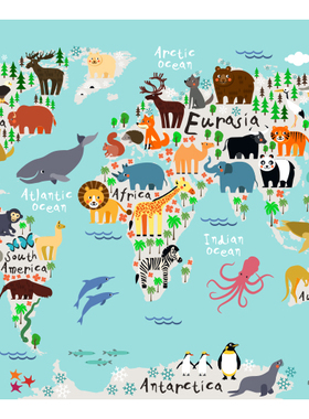 liveart 动物世界地理图案animals map儿童房书房原版装饰画画芯