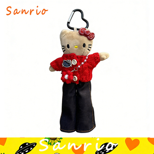 日本正版helloKitty红色毛衣牛仔花包长腿裤黑皮公仔玩偶包挂件新