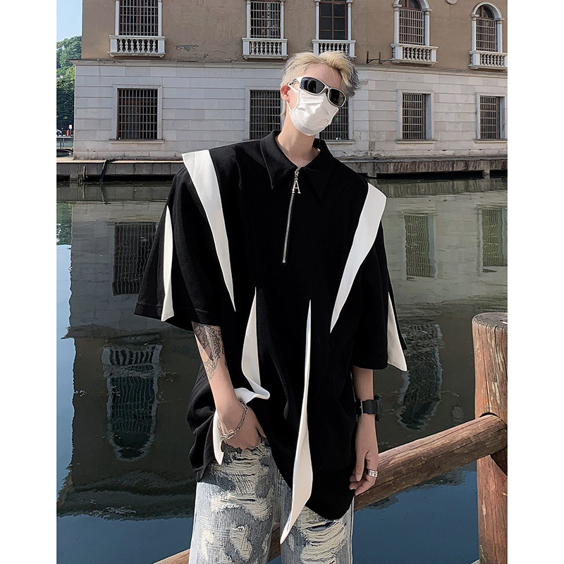 23夏季垫肩撞色解构设计polo拉链短袖T恤男半袖方领上衣DX77-P88,男装T恤,电商B288