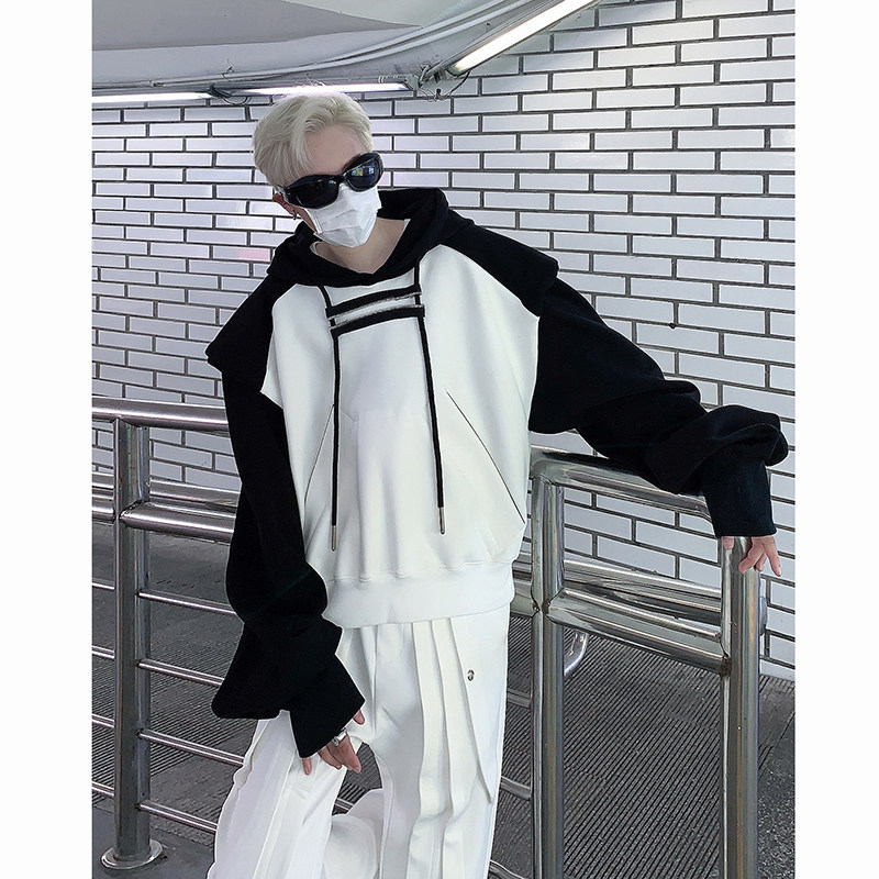 23秋短款垫肩拼接连帽金属拉链卫衣宽松男潮酷上衣MJ908-P88现货,男装卫衣,电商B288