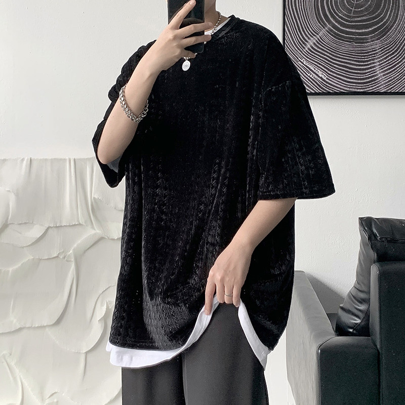 22夏款情侣港风宽松纹理丝绒光滑冰丝短袖网红T恤tx07-p30,男装T恤,电商B288