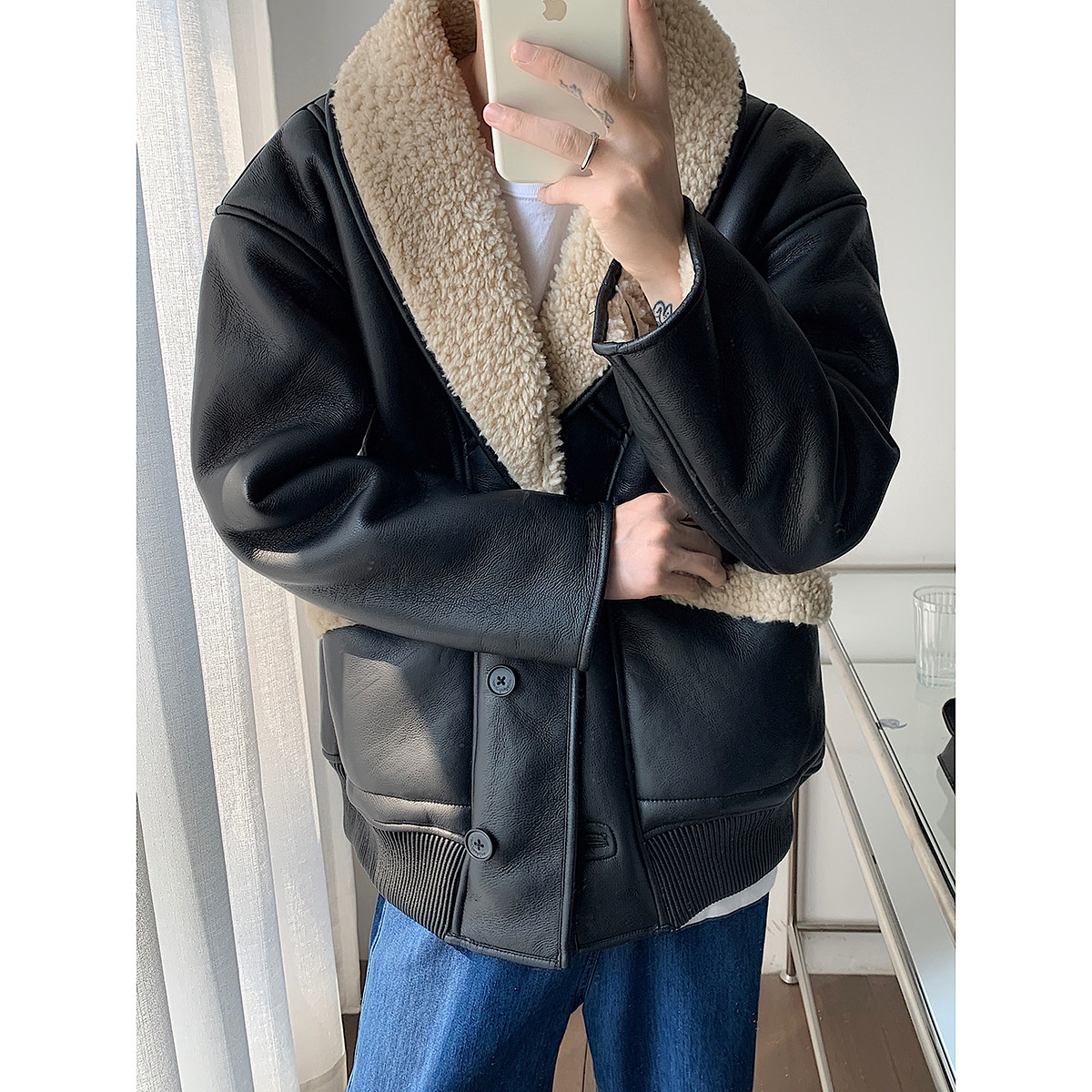 黑色复古羊羔毛外套仿皮pu皮毛一体大码保暖加厚夹克-mj631-p175，男装夹克，电商B288
