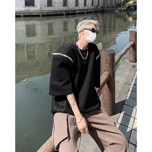现货！25夏季金属拉链垫肩网纱拼接短袖T恤DX63-P75图片