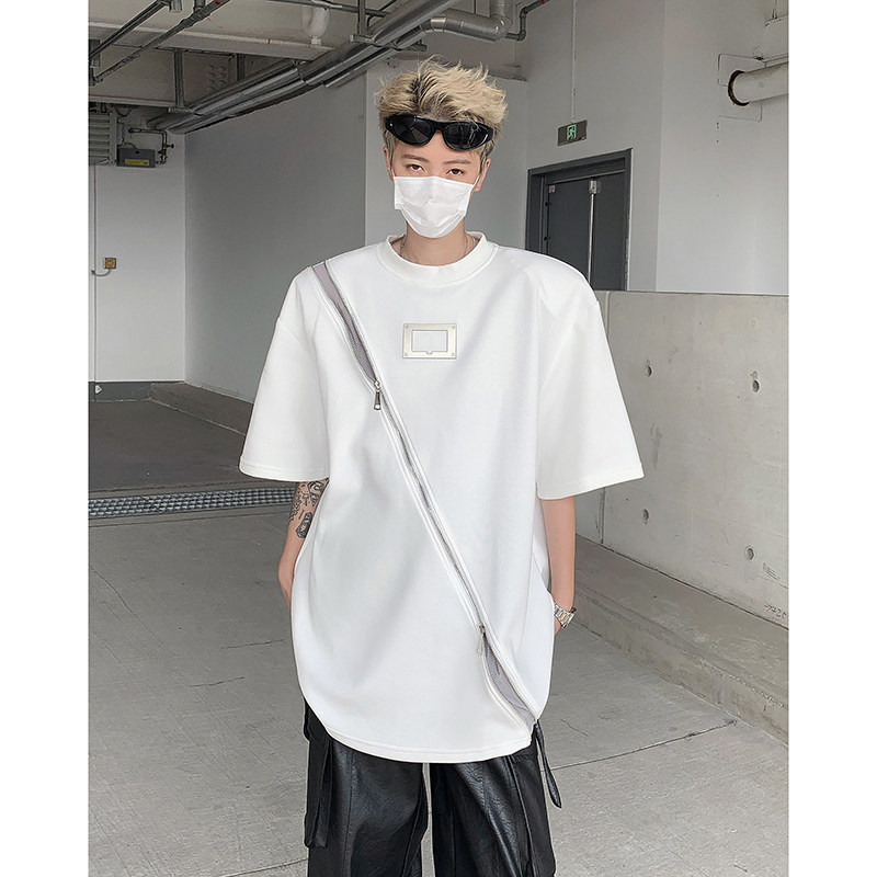 现货！25夏季男士拉链设计感拼接金属扣垫肩短袖T恤DX104-P75,男装T恤,电商B288
