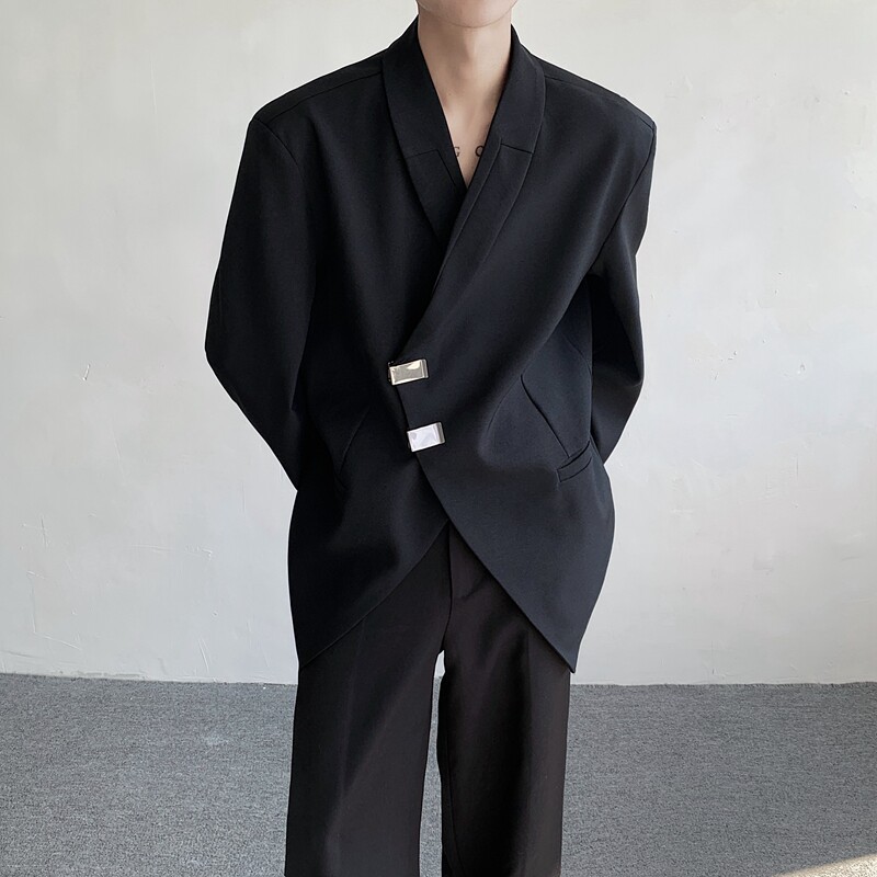 现货25青果领西服设计金属扣斜门襟小众西装上衣XZ26-P128,男装西服,电商B288