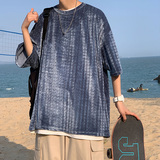 22夏款情侣港风宽松纹理丝绒光滑冰丝短袖网红T恤tx07-p30，男装T恤，电商B288