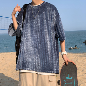 22夏款情侣港风宽松纹理丝绒光滑冰丝短袖网红T恤tx07-p30，男装T恤，电商B288